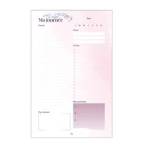 Mise en page de l'Agenda Émergence montrant l'organisation d'une journée, les tâches à effectuer, les gratitudes et la projection du lendemain