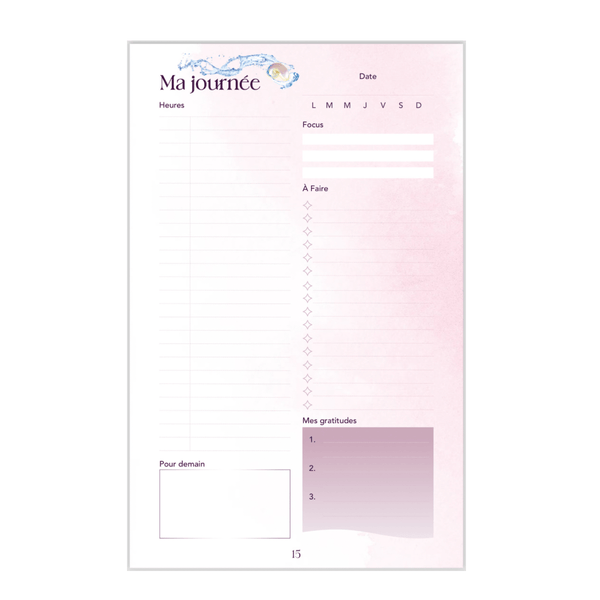Mise en page de l'Agenda Émergence montrant l'organisation d'une journée, les tâches à effectuer, les gratitudes et la projection du lendemain