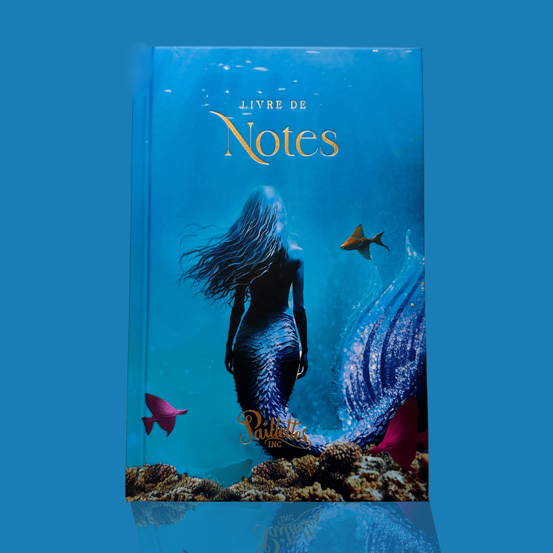 Couverture du Livre de Notes bleu avec l'illustration d'une sirène et des poissons de différentes couleurs 